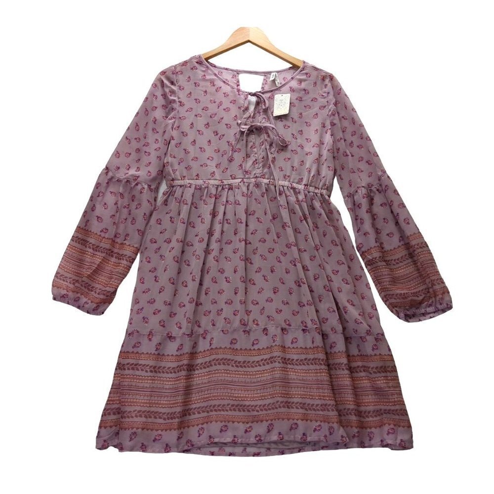 Mudd Boho Cottage Dress Womens L Purple Floral Tie Front Lightweight Indie